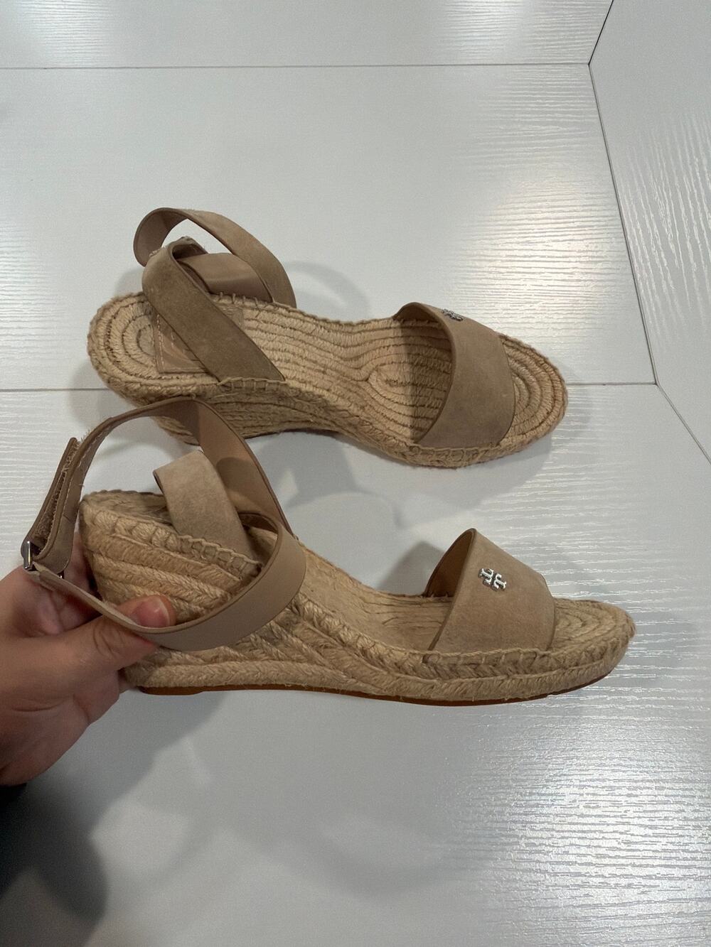 Tory Burch Suede Wedge Espadrilles Tan Size 6.5
